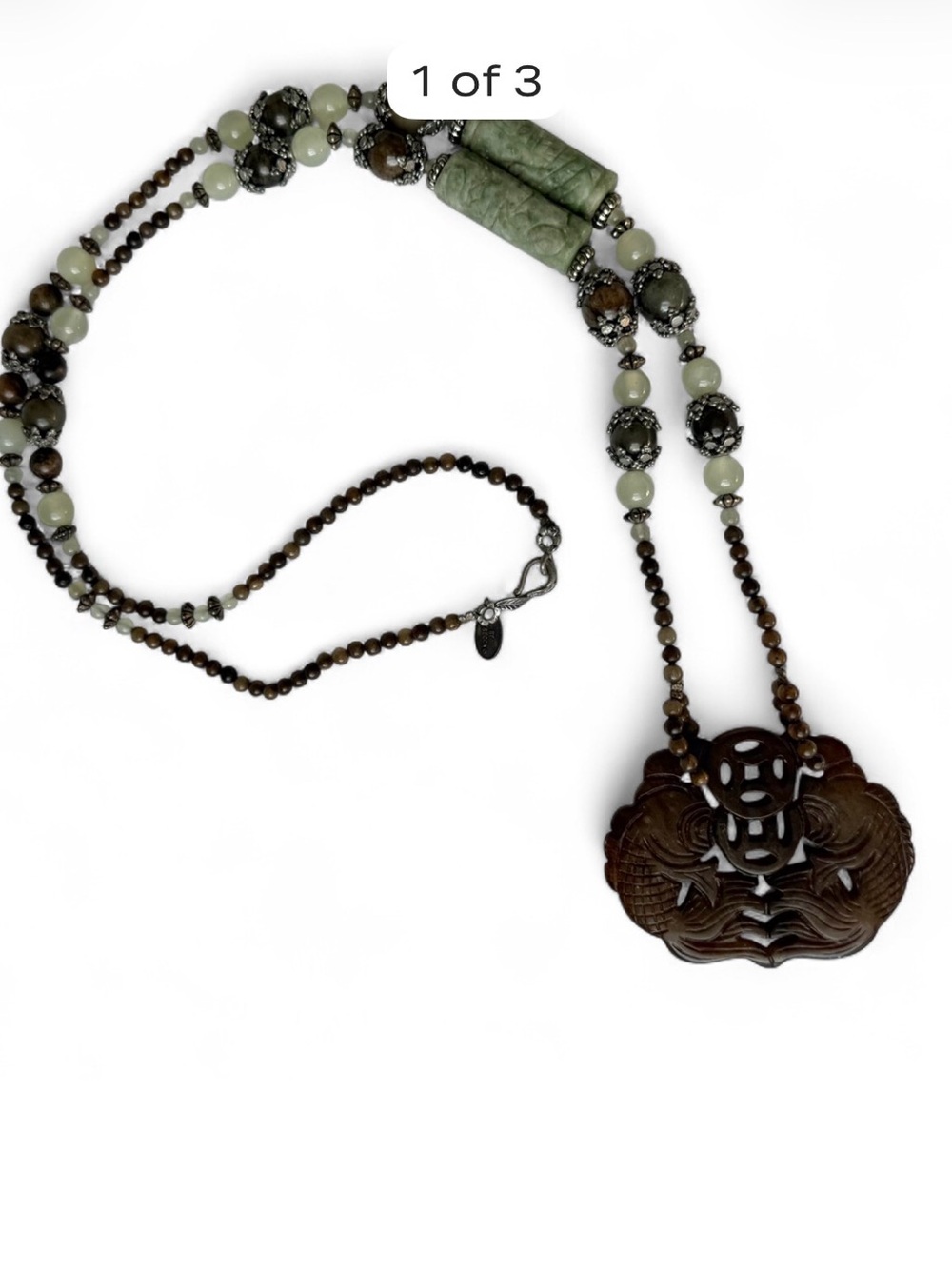 Retro Women's Carved Brown Jade Pendant Necklace fish koi by Rebecca flapper